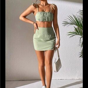 SHEIN NWOT Co-ord Cotton Set in Sage Green Strappy Top & Mini Skirt | Size Small